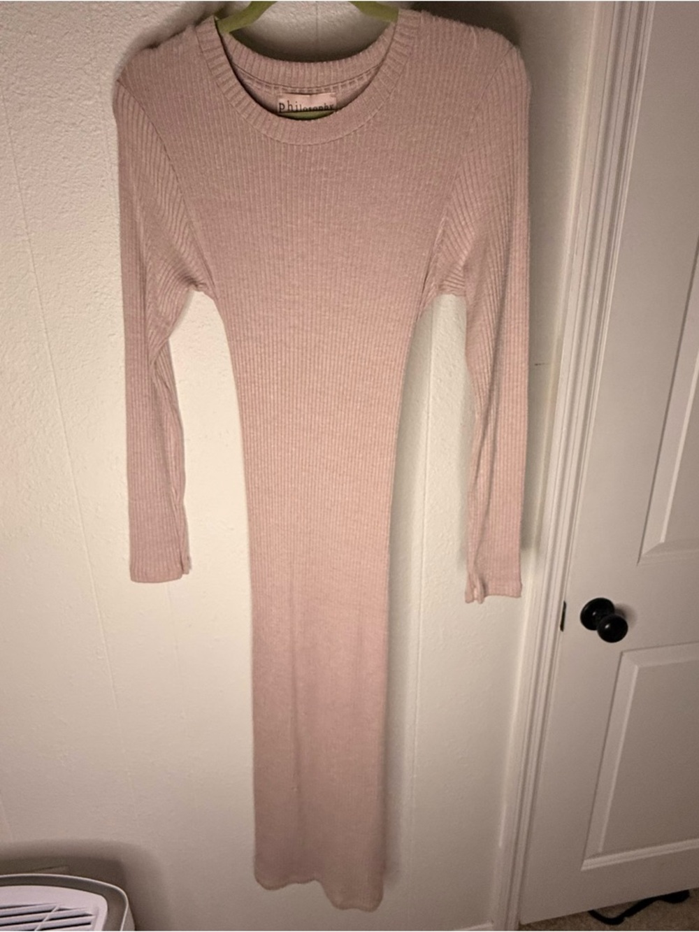 Philosophy Beige Ribbed Long-Sleeve Midi Dress